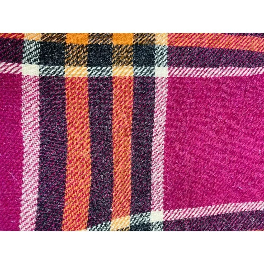 Vtg All Wool British Made Plaid Blanket 65 x 52 Reversible Purple Orange Grey